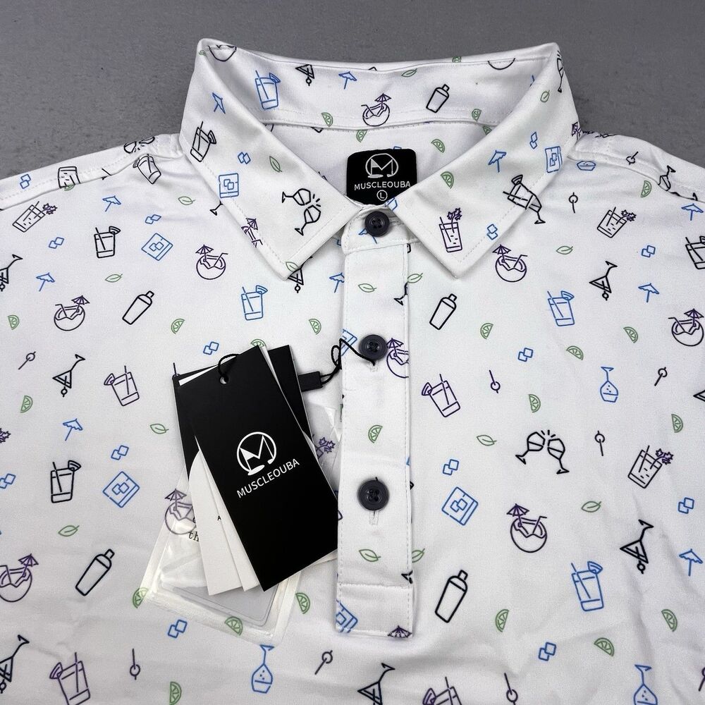 MUSCLEOUBA Golf Polo Shirt Men's L White Performance Wicking UPF Drinks Bar NEW